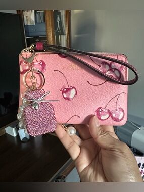Coach Corner Zip Wristlet with Cherry Print